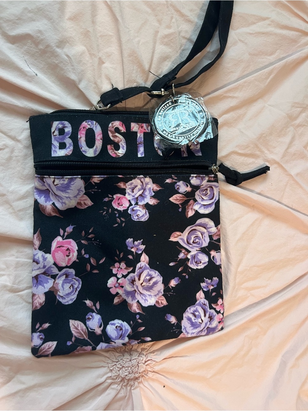 Robin Ruth Black Floral Crossbody Bag with Purple and Pink Accents